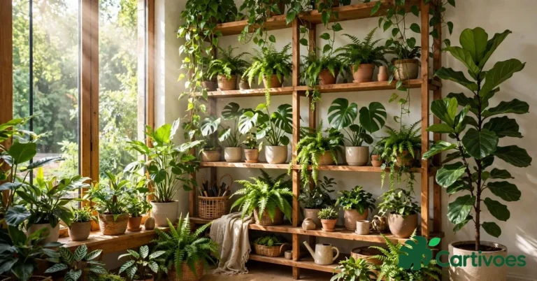 Lush indoor jungle of houseplants on wooden shelves in a sunlit room — houseplants