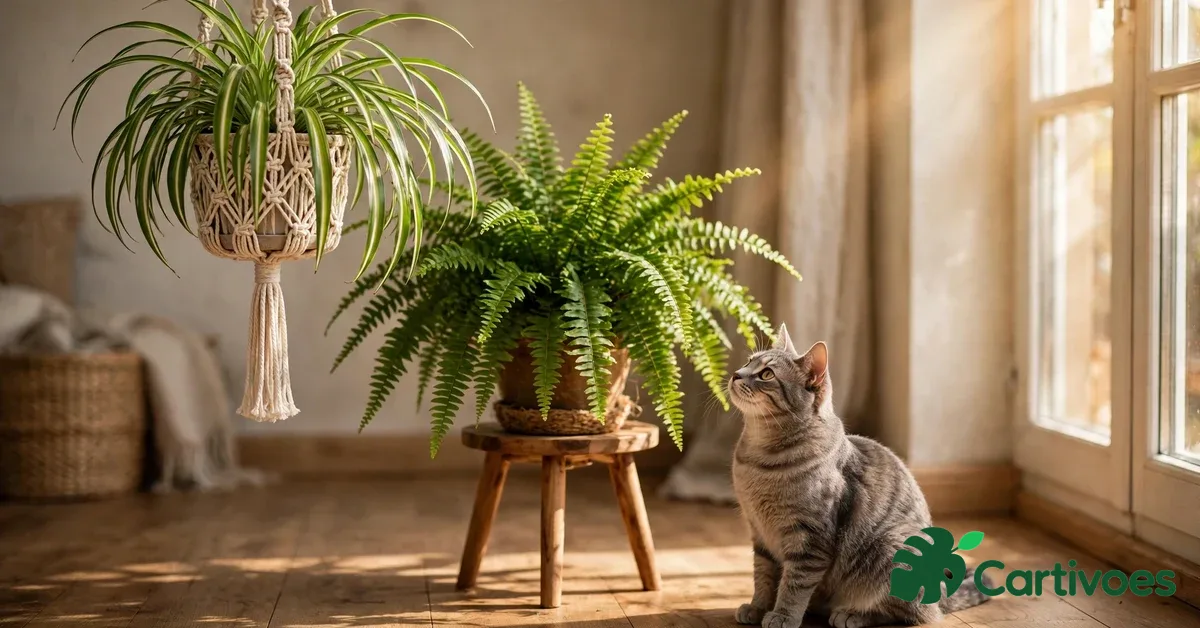 Cat-safe houseplants in a sunny living room: spider plant in a macrame hanger, Boston fern on a stand, and a gray tabby cat sitting nearby