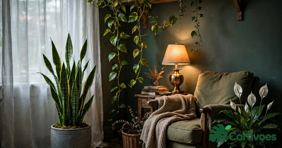 Dim cozy living room corner filled with low light houseplants — tall snake plant, trailing pothos on a wooden shelf and a flowering peace lily — soft window light and a warm lamp glow