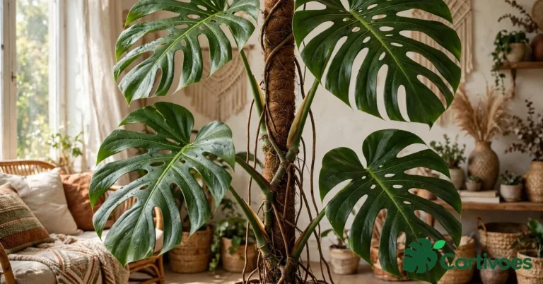 Large mature monstera deliciosa with fenestrated split leaves climbing a tall moss pole in a sunlit bohemian living room