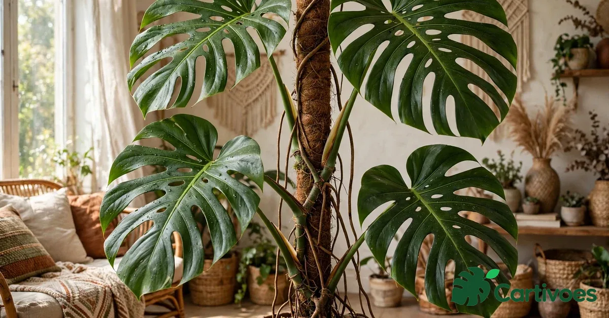 Large mature monstera deliciosa with fenestrated split leaves climbing a tall moss pole in a sunlit bohemian living room