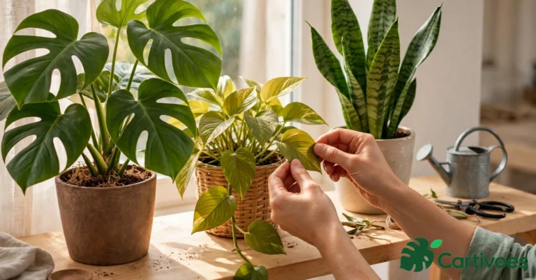 Hands checking a group of healthy houseplants on a bright shelf during a weekly plant care routine, watering can and chopstick soil test nearby