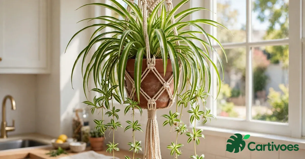 Spider plant with cascading baby plantlets in a macrame hanger