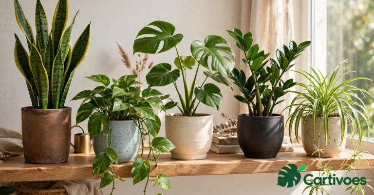 The top 10 indoor plants ranked on a bright shelf — snake plant, pothos, monstera, ZZ plant and spider plant in a row of simple pots