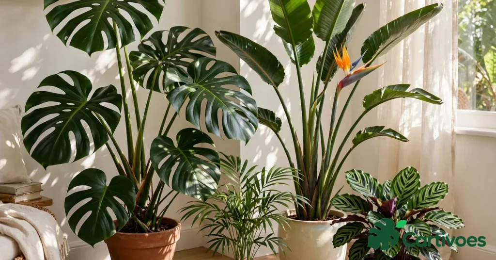 Lush corner of tropical indoor plants in a bright living room with monstera, bird of paradise, palm and calathea in ceramic pots